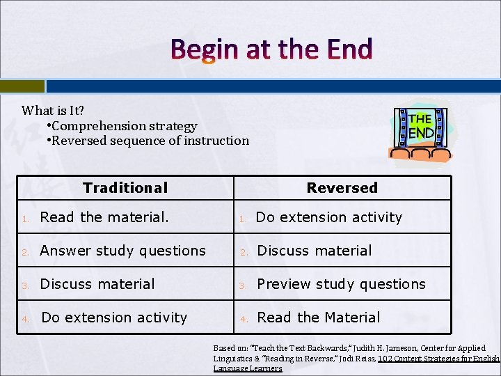 Begin at the End What is It? • Comprehension strategy • Reversed sequence of