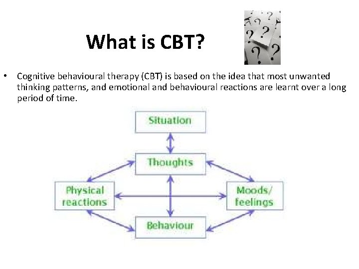 What is CBT? • Cognitive behavioural therapy (CBT) is based on the idea that