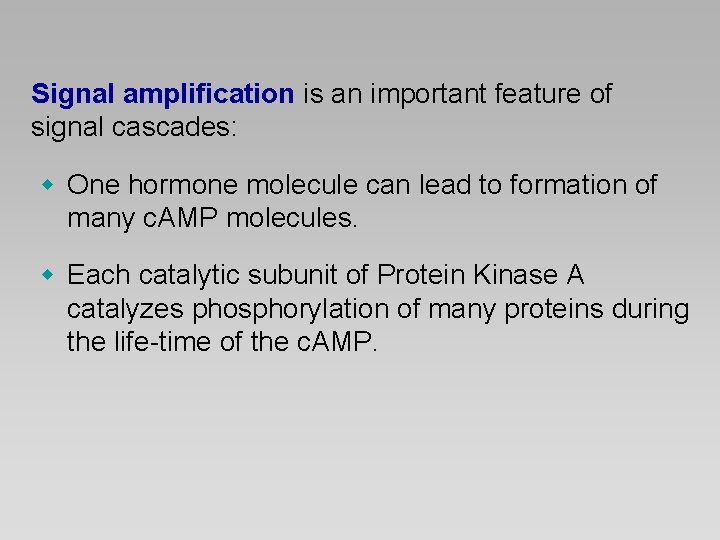 Signal amplification is an important feature of signal cascades: w One hormone molecule can