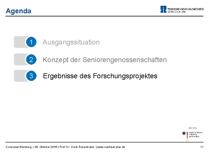 Agenda 1 Ausgangssituation 2 Konzept der Seniorengenossenschaften 3 Ergebnisse des Forschungsprojektes Consozial Nürnberg –