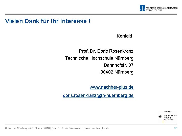 Vielen Dank für Ihr Interesse ! Kontakt: Prof. Dr. Doris Rosenkranz Technische Hochschule Nürnberg