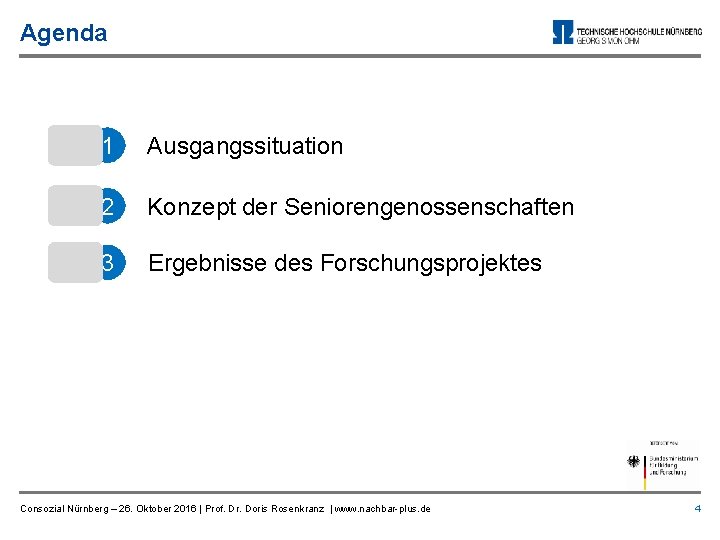 Agenda 1 Ausgangssituation 2 Konzept der Seniorengenossenschaften 3 Ergebnisse des Forschungsprojektes Consozial Nürnberg –