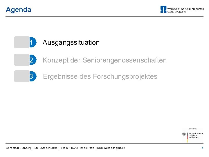 Agenda 1 Ausgangssituation 2 Konzept der Seniorengenossenschaften 3 Ergebnisse des Forschungsprojektes Consozial Nürnberg –