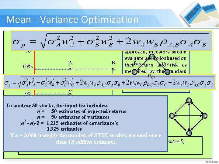 Mean - Variance Optimization Return % 10% 5% A B According to Markowitz’s approach,