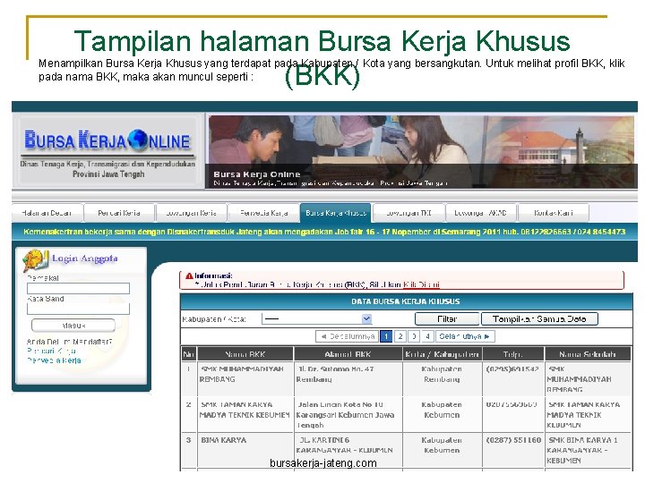 Tampilan halaman Bursa Kerja Khusus (BKK) Menampilkan Bursa Kerja Khusus yang terdapat pada Kabupaten