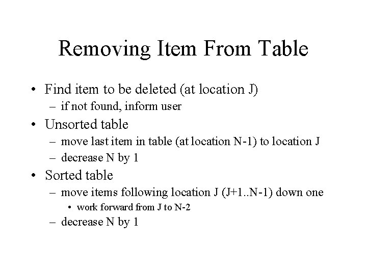 Removing Item From Table • Find item to be deleted (at location J) –