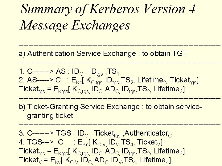 Summary of Kerberos Version 4 Message Exchanges -----------------------------------------a) Authentication Service Exchange : to obtain