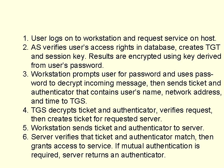 1. User logs on to workstation and request service on host. 2. AS verifies