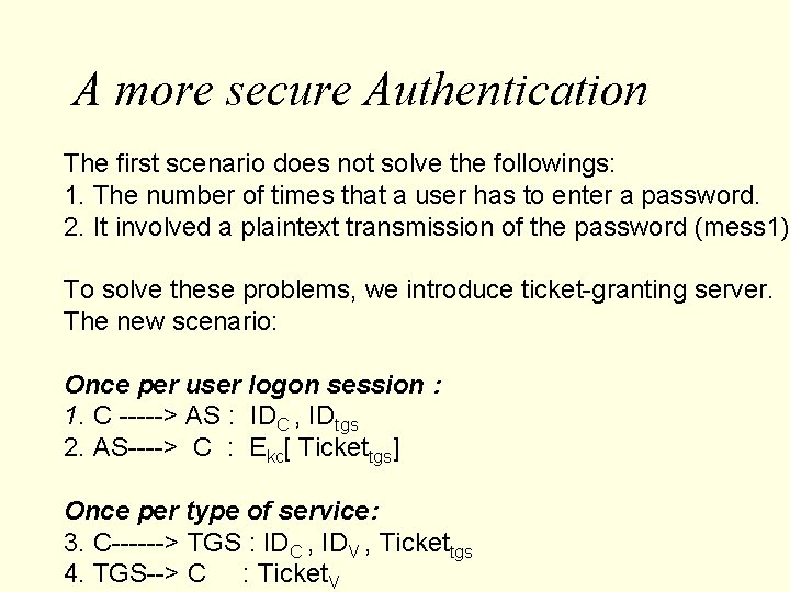 A more secure Authentication The first scenario does not solve the followings: 1. The