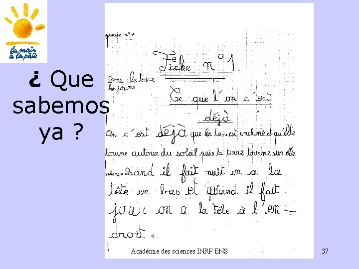 ¿ Que sabemos ya ? Académie des sciences INRP ENS 37 