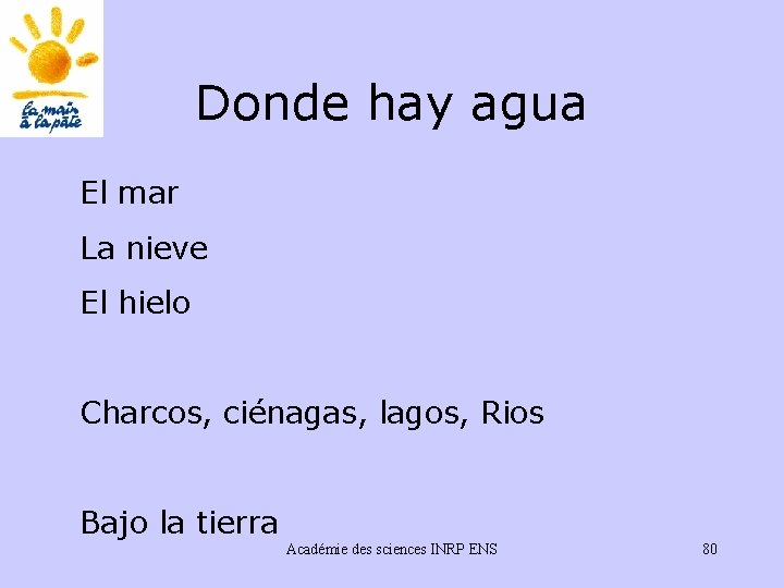Donde hay agua El mar La nieve El hielo Charcos, ciénagas, lagos, Rios Bajo