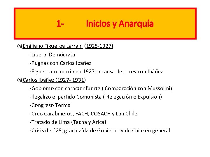 1 - Inicios y Anarquía Emiliano Figueroa Larrain (1925 -1927) -Liberal Demócrata -Pugnas con