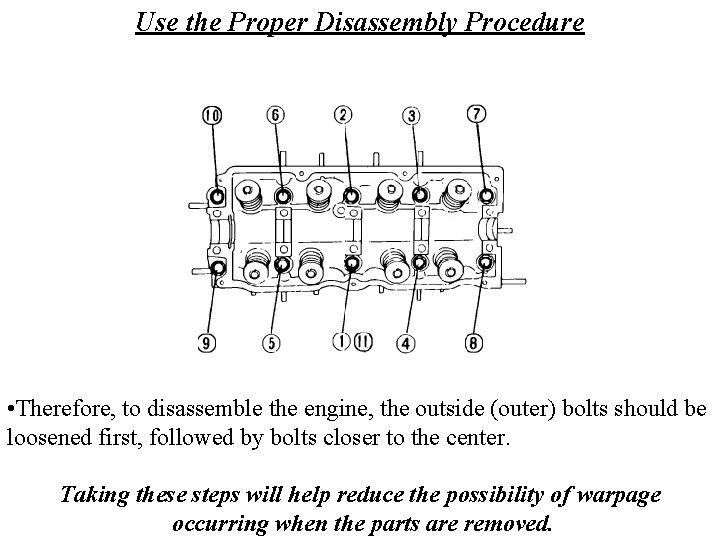 Use the Proper Disassembly Procedure • Therefore, to disassemble the engine, the outside (outer)