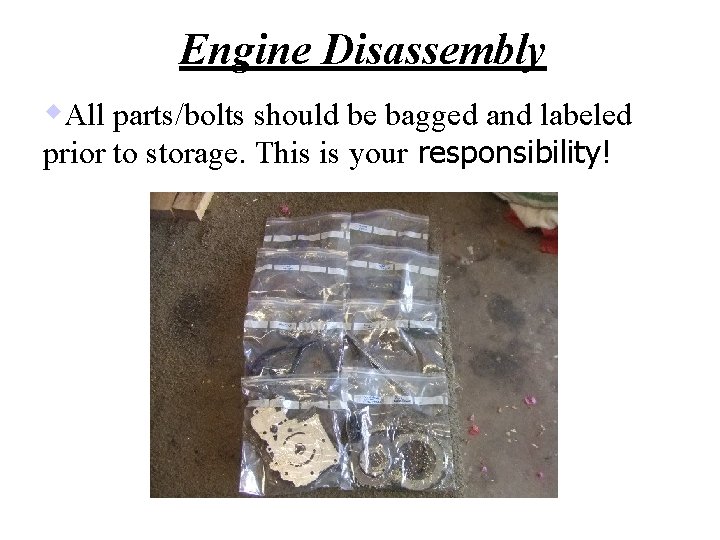 Engine Disassembly w. All parts/bolts should be bagged and labeled prior to storage. This