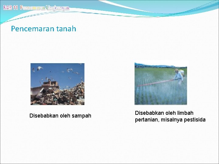 Pencemaran tanah Disebabkan oleh sampah Disebabkan oleh limbah pertanian, misalnya pestisida 