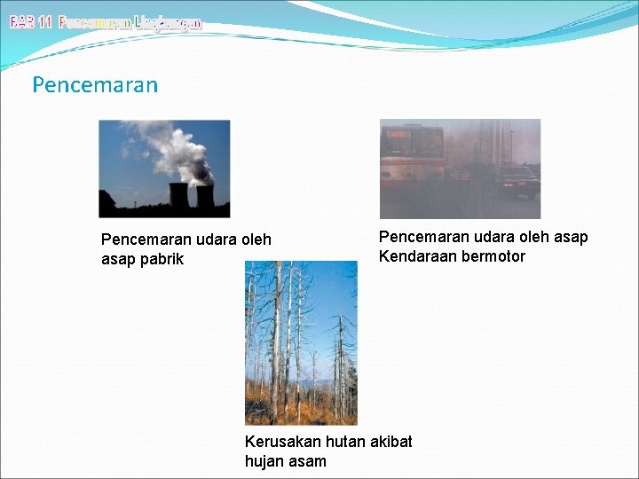 Pencemaran udara oleh asap pabrik Pencemaran udara oleh asap Kendaraan bermotor Kerusakan hutan akibat