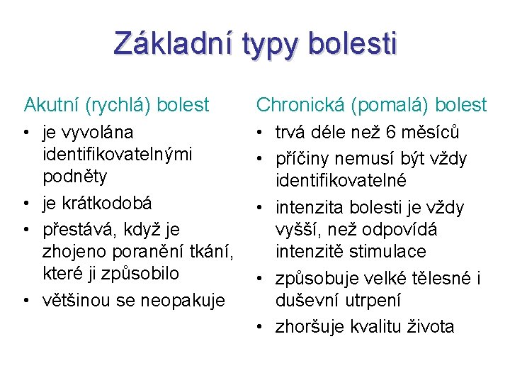 Základní typy bolesti Akutní (rychlá) bolest Chronická (pomalá) bolest • je vyvolána identifikovatelnými podněty