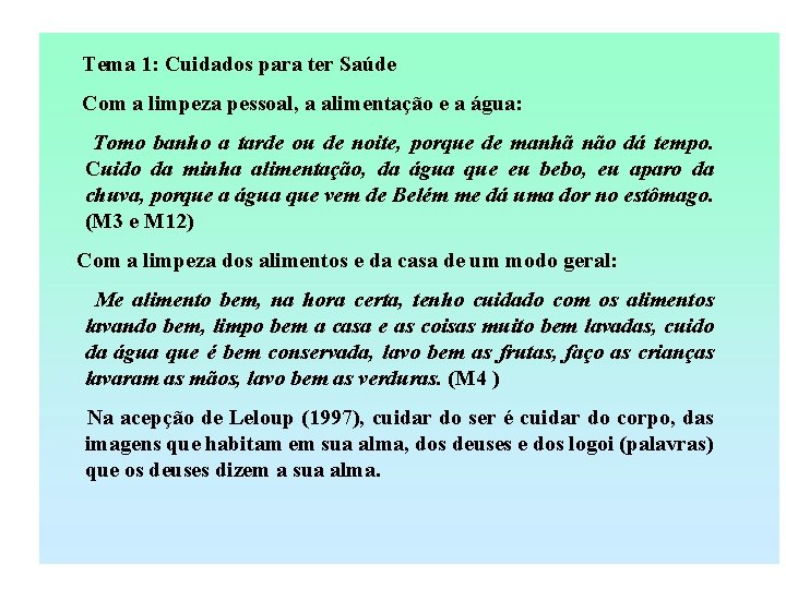Tema 1: Cuidados para ter Saúde Com a limpeza pessoal, a alimentação e a