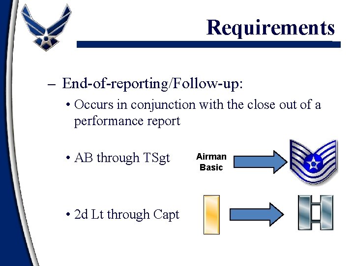 Requirements – End-of-reporting/Follow-up: • Occurs in conjunction with the close out of a performance