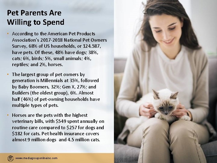 Pet Parents Are Willing to Spend • According to the American Pet Products Association’s