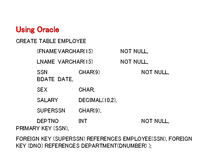 Using Oracle CREATE TABLE EMPLOYEE (FNAME VARCHAR(15) NOT NULL, LNAME VARCHAR(15) NOT NULL, SSN Using Oracle CREATE TABLE EMPLOYEE (FNAME VARCHAR(15) NOT NULL, LNAME VARCHAR(15) NOT NULL, SSN