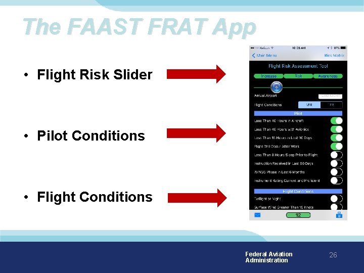 The FAAST FRAT App • Flight Risk Slider • Pilot Conditions • Flight Conditions