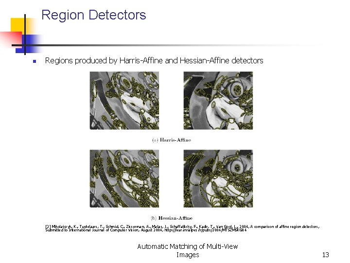 Region Detectors n Regions produced by Harris-Affine and Hessian-Affine detectors [2] Mikolajczyk, K. ,