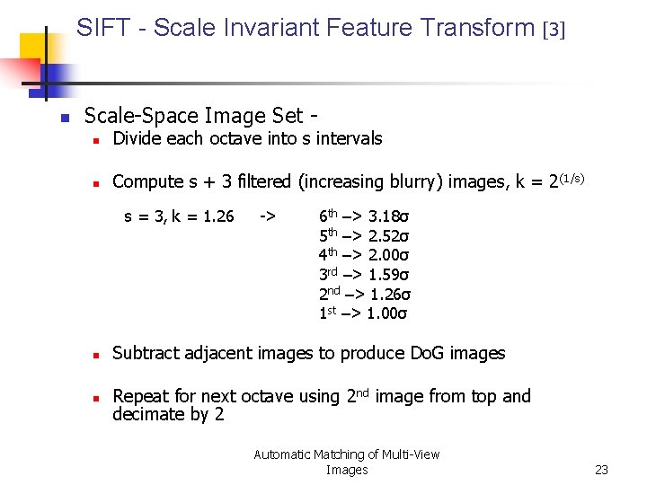 SIFT - Scale Invariant Feature Transform [3] n Scale-Space Image Set - n Divide