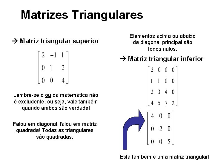 Matrizes Triangulares Elementos acima ou abaixo da diagonal principal são todos nulos. Matriz triangular Matrizes Triangulares Elementos acima ou abaixo da diagonal principal são todos nulos. Matriz triangular