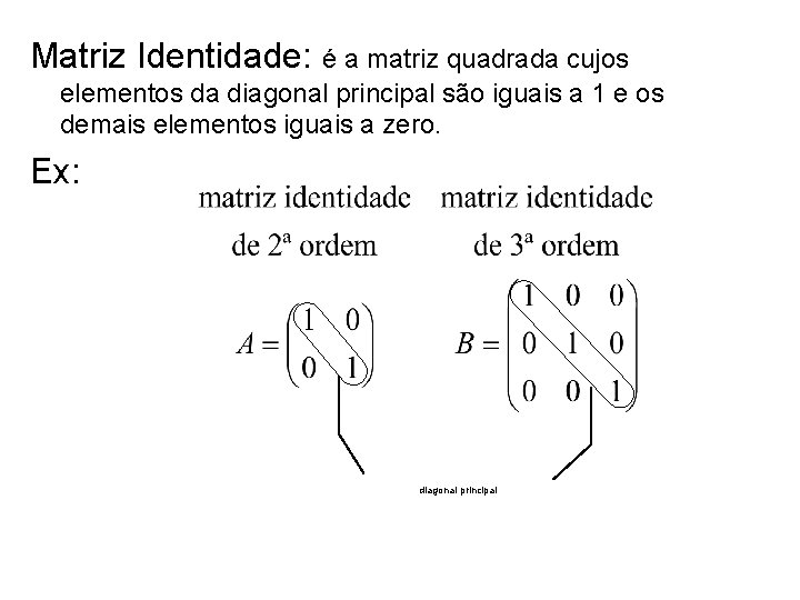 Matriz Identidade: é a matriz quadrada cujos elementos da diagonal principal são iguais a Matriz Identidade: é a matriz quadrada cujos elementos da diagonal principal são iguais a