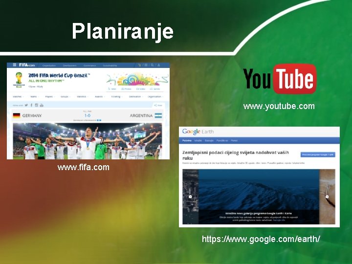 Planiranje www. youtube. com www. fifa. com https: //www. google. com/earth/ 