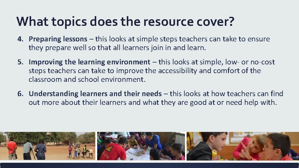 What topics does the resource cover? 4. Preparing lessons – this looks at simple