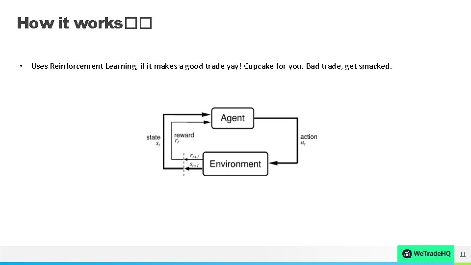 How it works�� • Uses Reinforcement Learning, if it makes a good trade yay!