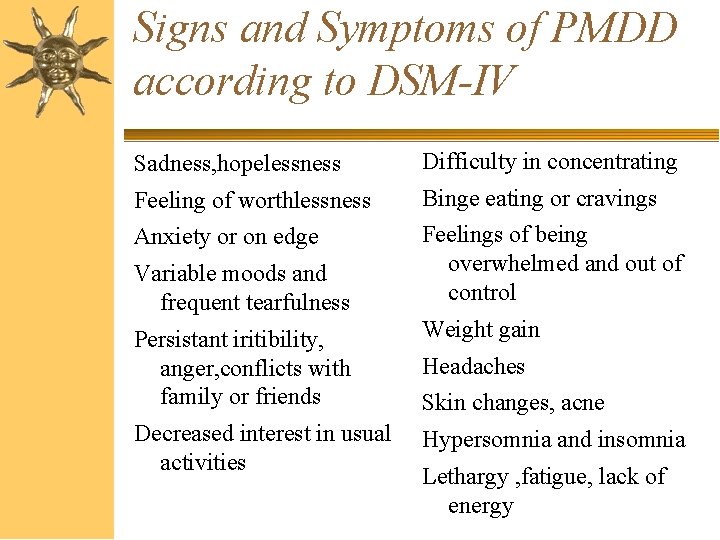 Signs and Symptoms of PMDD according to DSM-IV Sadness, hopelessness Difficulty in concentrating Feeling