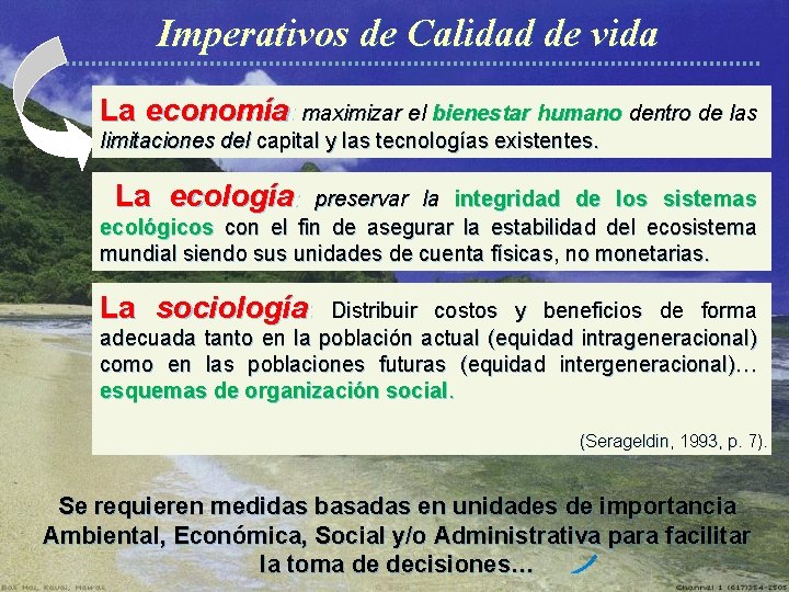 Imperativos de Calidad de vida La economía: maximizar el bienestar humano dentro de las