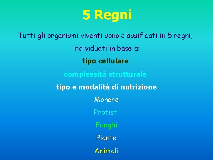 5 Regni Tutti gli organismi viventi sono classificati in 5 regni, individuati in base