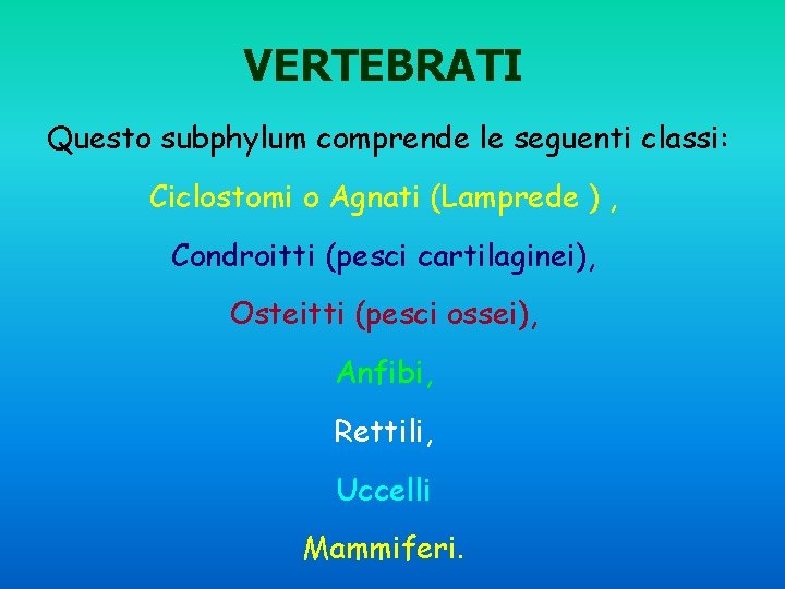 VERTEBRATI Questo subphylum comprende le seguenti classi: Ciclostomi o Agnati (Lamprede ) , Condroitti