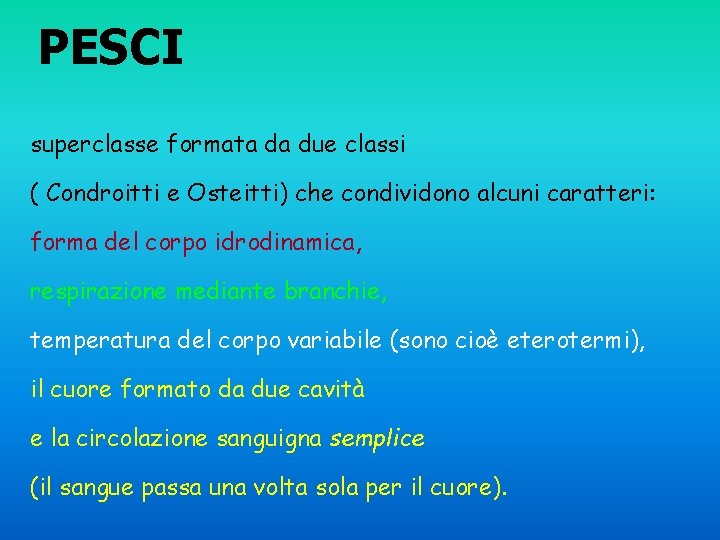 PESCI superclasse formata da due classi ( Condroitti e Osteitti) che condividono alcuni caratteri: