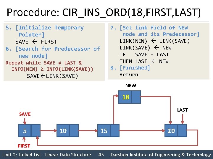 Procedure: CIR_INS_ORD(18, FIRST, LAST) 7. [Set link field of NEW node and its Predecessor]