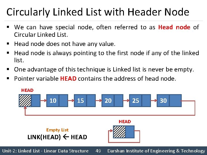 Circularly Linked List with Header Node § We can have special node, often referred