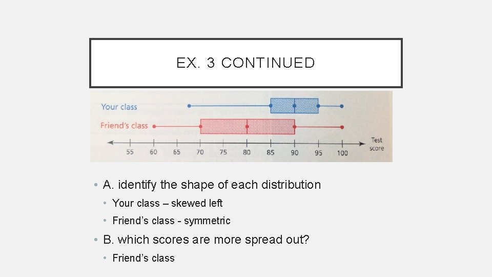 EX. 3 CONTINUED • A. identify the shape of each distribution • Your class
