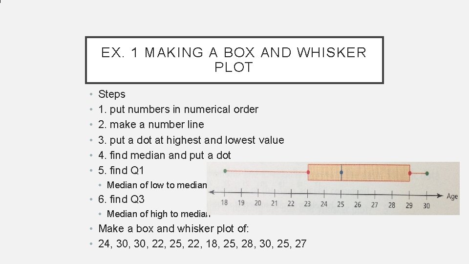 EX. 1 MAKING A BOX AND WHISKER PLOT • • • Steps 1. put