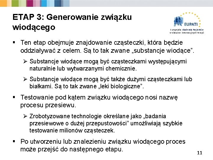 ETAP 3: Generowanie związku wiodącego Europejska Akademia Pacjentów w obszarze innowacyjnych terapii § Ten