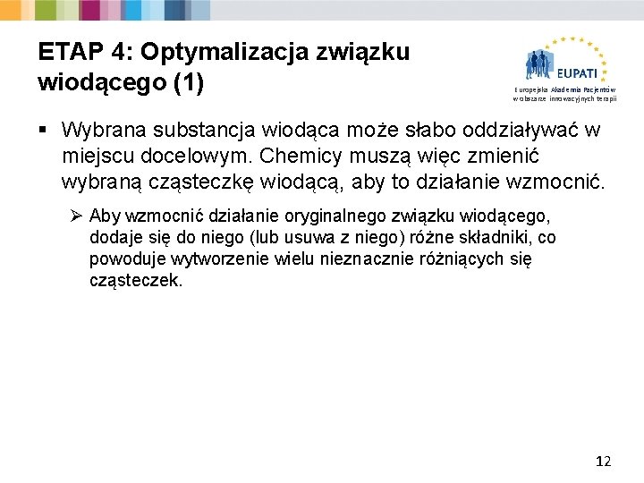 ETAP 4: Optymalizacja związku wiodącego (1) Europejska Akademia Pacjentów w obszarze innowacyjnych terapii §