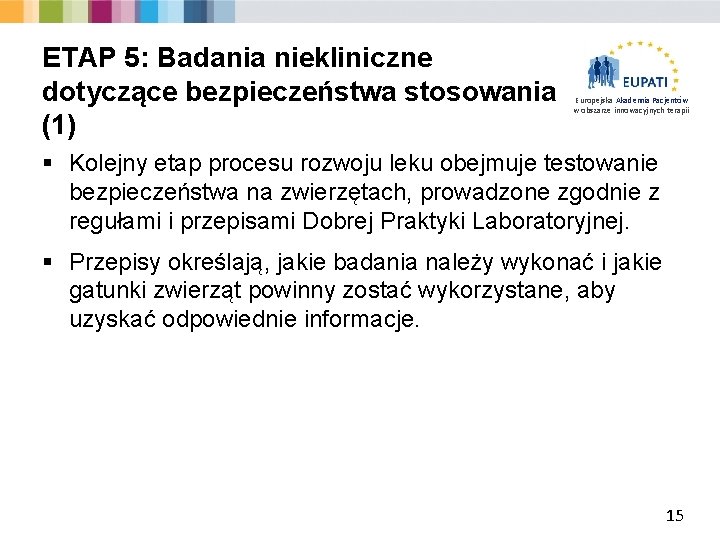 ETAP 5: Badania niekliniczne dotyczące bezpieczeństwa stosowania (1) Europejska Akademia Pacjentów w obszarze innowacyjnych