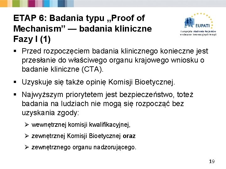 ETAP 6: Badania typu „Proof of Mechanism” — badania kliniczne Fazy I (1) Europejska