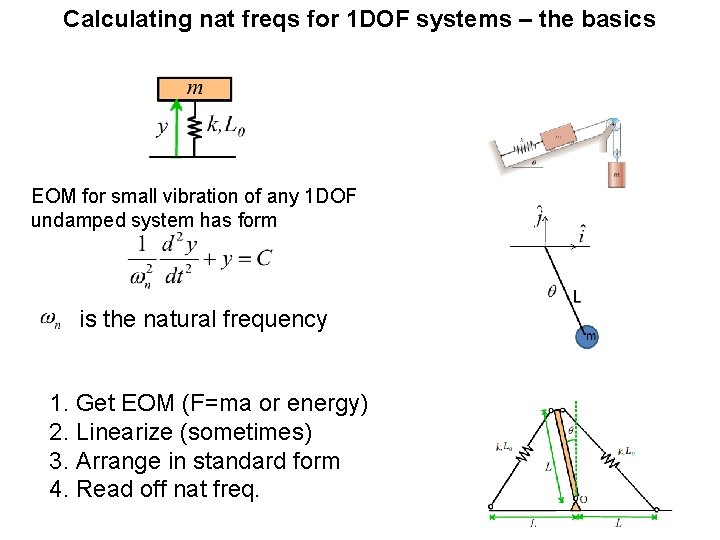 Calculating nat freqs for 1 DOF systems – the basics EOM for small vibration Calculating nat freqs for 1 DOF systems – the basics EOM for small vibration