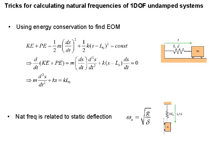 Tricks for calculating natural frequencies of 1 DOF undamped systems • Using energy conservation Tricks for calculating natural frequencies of 1 DOF undamped systems • Using energy conservation