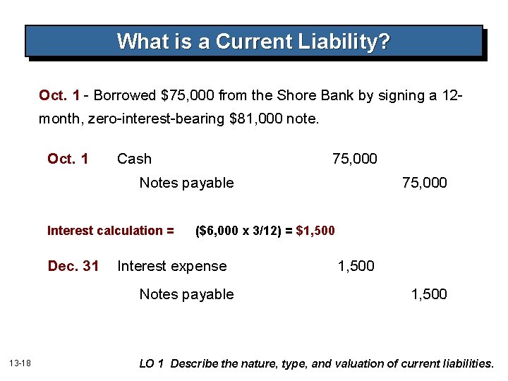 What is a Current Liability? Oct. 1 - Borrowed $75, 000 from the Shore