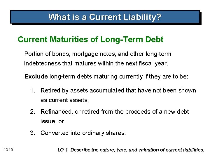 What is a Current Liability? Current Maturities of Long-Term Debt Portion of bonds, mortgage